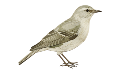Illustration of small grey bird with detailed feathers standing on transparent background