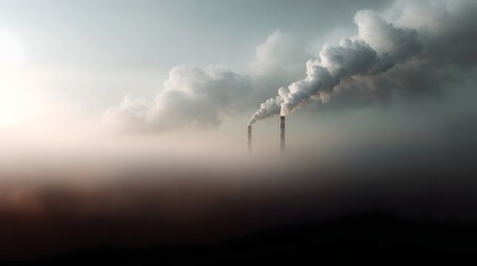 Obraz premium Industrial chimneys release thick smoke into a dense foggy atmosphere symbolizing pollution