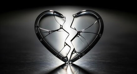 Broken Heart Glass Sculpture in Dark Backdrop with Dramatic Lighting