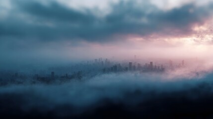 Fototapeta premium Urban skyline obscured by dense fog during a soft atmospheric sunrise