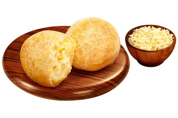 receita brasileira de pão de queijo acompanhado de tigela com queijo parmesão ralado isolado em fundo transparente
