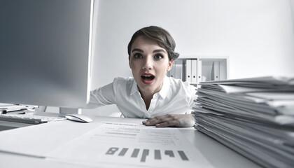 A businesswoman with a shocked expression leans over a desk.