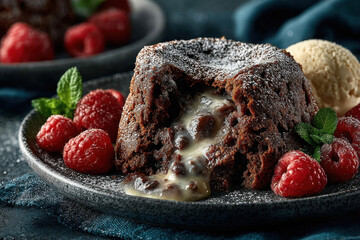 Melted Chocolate Cake Delight: A decadent chocolate lava cake exudes molten center, complemented by fresh raspberries and a scoop of vanilla ice cream on a plate.