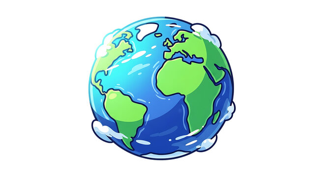 Illustration of cute cartoon illustration of planet earth with clouds, isolated on transparent background