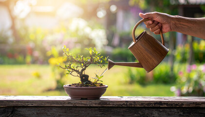 A senior hand waters a small bonsai tree on a rustic wooden ledge with a decorative wooden.