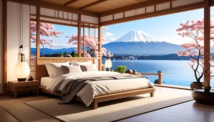 Fototapeta premium Serene Japanese Bedroom with Cherry Blossoms with Mt Fuji View, and Tranquil Lake.