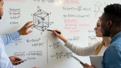 Students collaborate on complex math equations on whiteboard, 4k video footage - Powered by Adobe
