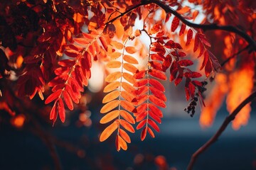Obraz premium Close-up view of vibrant red and orange leaves on a branch, autumn colors in sunlight