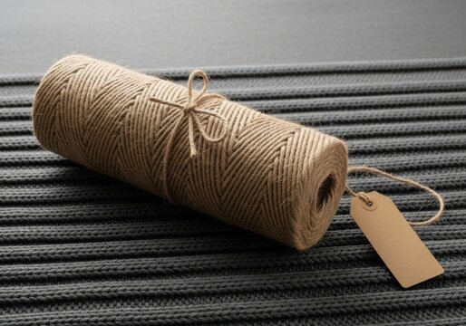 Natural jute twine roll with blank tag on textured dark surface