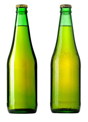 Green glass beer bottles with condensation on transparent background