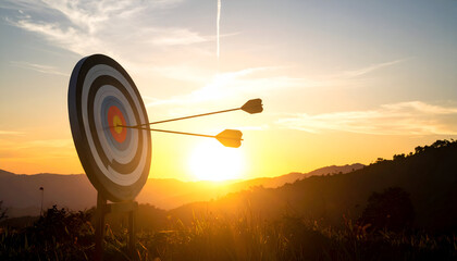 Arrows Hitting Target at Sunset with Golden Hour Light Over Field and Distant Hills