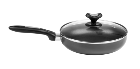 Black non-stick frying pan with glass lid
