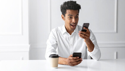 An excited man in a white shirt reacts strongly while looking at one of two smartphones he is holding at a clean white desk with a coffee cup.