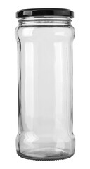 Empty clear glass jar with black lid