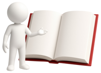 White 3D figure presenting an open red book with blank pages on a white background person character isolated on a transparent background