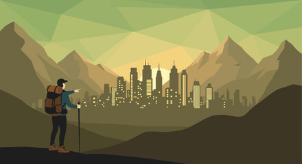 Urban exploration hiking man with backpack pointing at the cityscape beyond the mountains