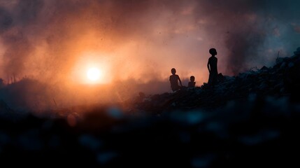 Fototapeta premium Silhouettes of children on a debris pile under a dramatic sunlit smoky sky