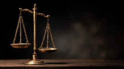 Solemn antique bronze scale of justice, symbol for law and legal court balance on dark background