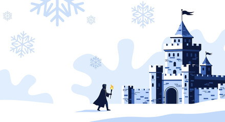 Whimsical Winter Adventure: A hooded figure journeys towards a majestic castle in the snow