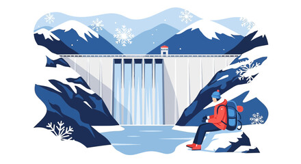 Winter Dam Landscape with Backpacker: Serene Holiday Illustration with Snowy Mountains and Frozen