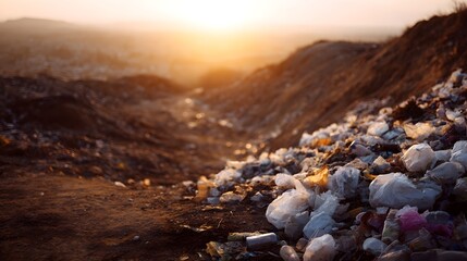 Obraz premium Vast landfill site at sunset illustrating the environmental impact of consumerism and waste