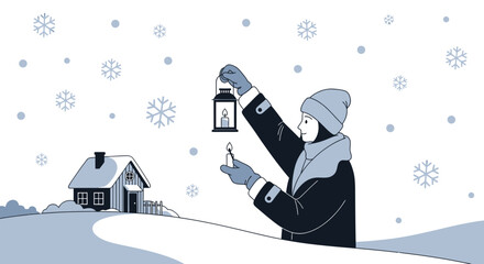 Winter Solstice Celebration: A Person Lighting a Candle Lantern in a Snowy Landscape