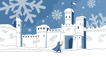 Winter landscape with medieval castle, guard with torch, snow and snowflakes illustration