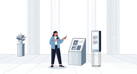 Woman exploring art gallery with phone, enjoying exhibition, modern and bright space showcases