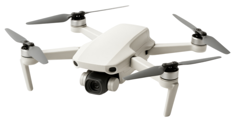 White Quadcopter Drone with Camera and Propellers on White Background aerial photography isolated on a transparent background