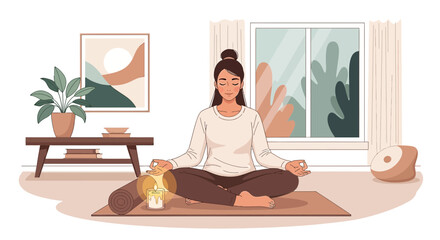 Woman practicing meditation in a cozy home environment promotes wellness and relaxation through yoga