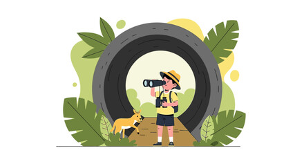 Young explorer discovers nature with binoculars and a loyal dog companion in jungle