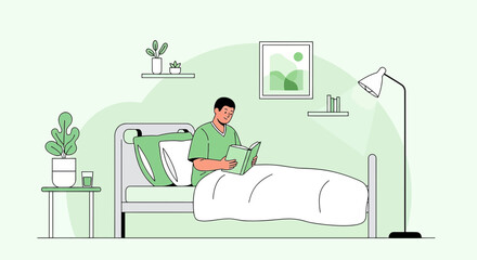 Young man reading book in bed, leisure time concept, light green interior background with