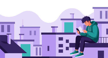 Young man uses a smartphone while sitting on the rooftop enjoying urban scenery background view