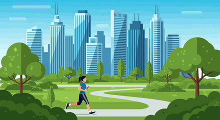 Woman running in a city park with skyscrapers in the background depicting urban fitness and