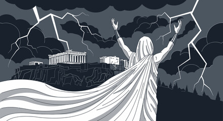 Zeus unleashing his wrath over Athens with lightning striking the Parthenon