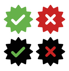 Starburst Check and Cross Icon Set — Approval and Error Symbols in Color and Contrast Styles for Feedback UI, Validation Systems, and Decision-Based Design