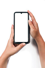 Woman hand holding a mobile phone white screen isolated on white background with clipping path