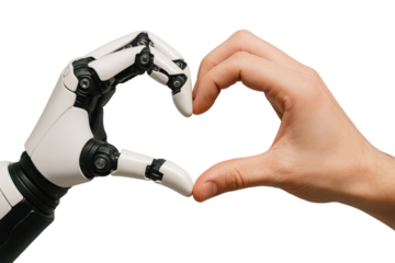White Robotic Hand and Human Hand Forming a Heart Shape Against Black Background graphic design isolated on a transparent background