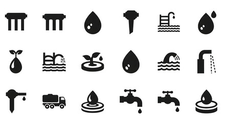 Collection of water related icons representing purity filtration and flow isolated on white background