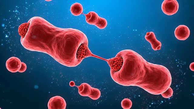 Microscopic view of red blood cells undergoing division and then separating in a vibrant blue fluid