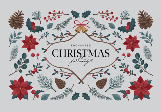 Ornate & Rustic Christmas Foliage Graphics & Vector Clipart for Festive Border, Background & Frames