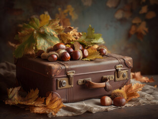 Vintage suitcase with chestnuts and acorns spilling among autumn leaves. Nostalgic seasonal still life.