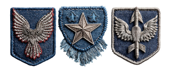 Detailed Patch Illustrations Featuring Eagle, Star, and Arrow Designs on Fabric