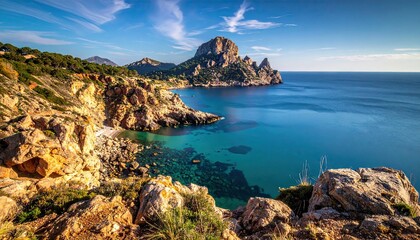 Fototapeta premium Coastal Rocky Cliffs with Turquoise Waters and Blue Sky in Sardinia Italy