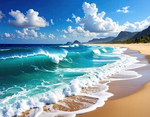 Coastal Serenity Azure Waves Crashing on Sandy Shoreline Beneath Sunny Skies and Fluffy Clouds with Distant Green Hills in Background