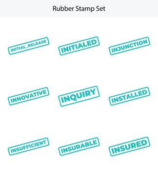 Teal Rubber Stamp Set Featuring Business Terms on White Background, Insured Initialed