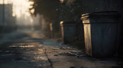 Fototapeta premium Urban street scene with weathered trash bins and scattered litter bathed in the soft glow of hazy morning sunlight