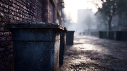 Fototapeta premium A narrow urban alleyway lined with weathered trash bins in the soft glow of early morning fog