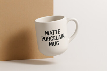 Floating Porcelain Mug Mockup with Split Paper Panels – Panel Drift Angle