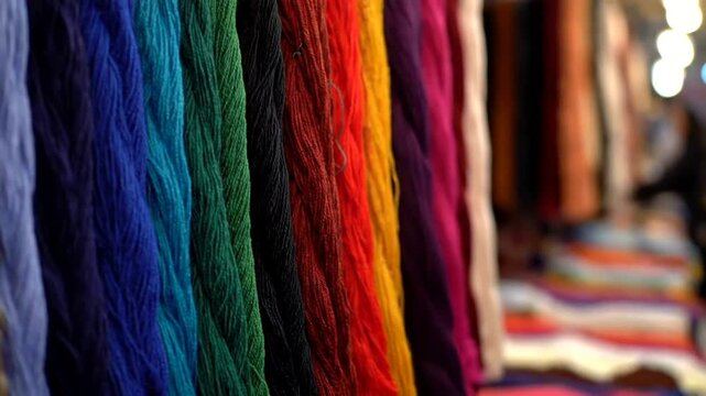 A Spectrum of Colorful Wool Threads Hanging Vertically.